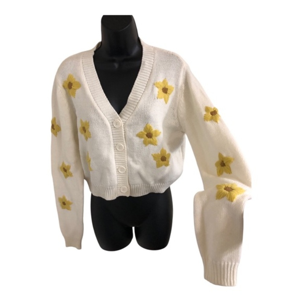 Jessica Simpson embroidered crochet‎ yellow sunflower offwhite cardigan sz M new